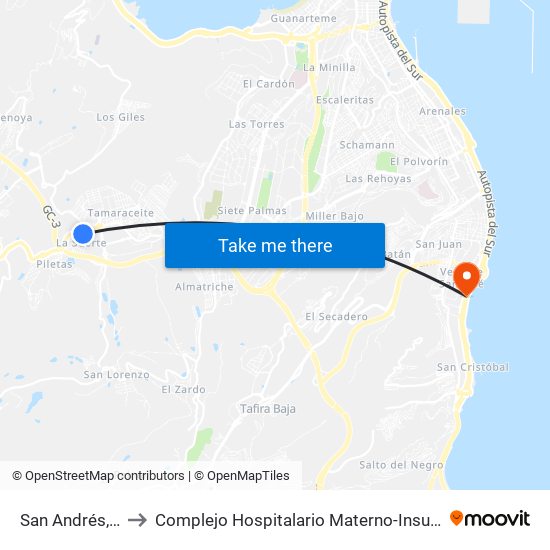 San Andrés, 6 to Complejo Hospitalario Materno-Insular map