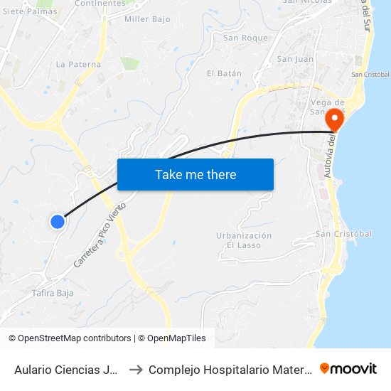 Aulario Ciencias Jurídicas to Complejo Hospitalario Materno-Insular map