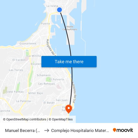 Manuel Becerra (Puerto) to Complejo Hospitalario Materno-Insular map