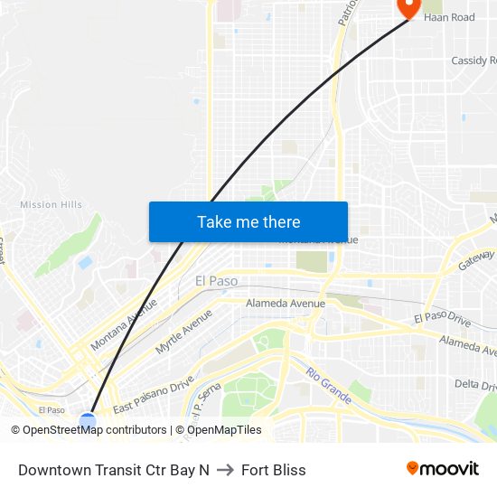 Downtown Transit Ctr Bay N to Fort Bliss map