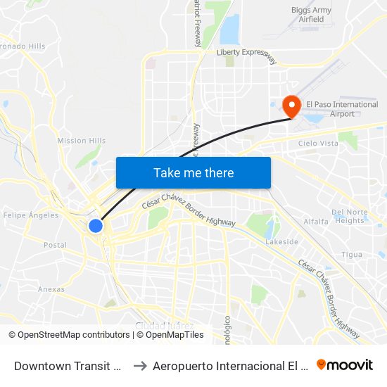 Downtown Transit Ctr Bay H to Aeropuerto Internacional El Paso (ELP) map