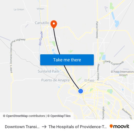 Downtown Transit Ctr Bay N to The Hospitals of Providence-Transmountain-ER map