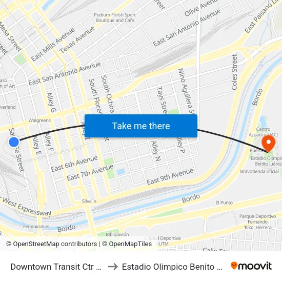 Downtown Transit Ctr Bay N to Estadio Olimpico Benito Juárez map
