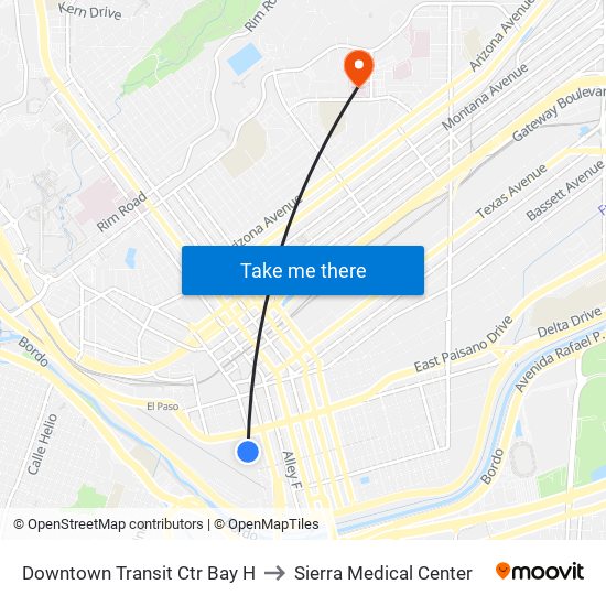Downtown Transit Ctr Bay H to Sierra Medical Center map