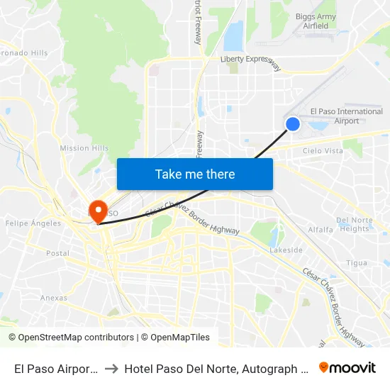 El Paso Airport ELP to Hotel Paso Del Norte, Autograph Collection map