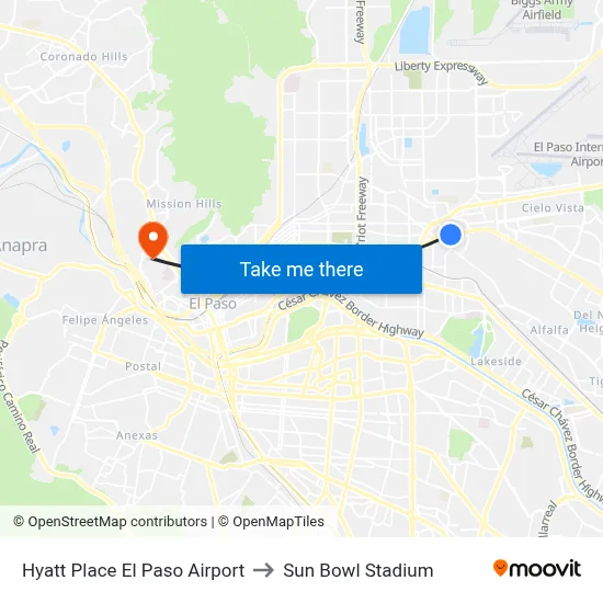 Hyatt Place El Paso Airport to Sun Bowl Stadium map