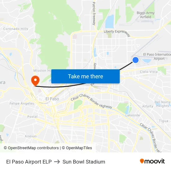 El Paso Airport ELP to Sun Bowl Stadium map