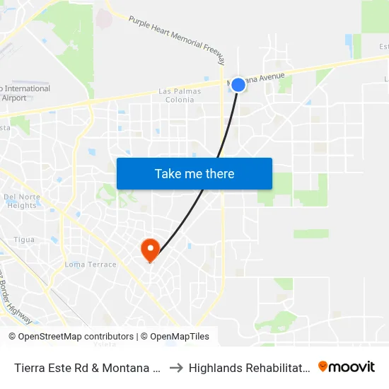 Tierra Este Rd & Montana Ave (Walmart) to Highlands Rehabilitation Hospital map