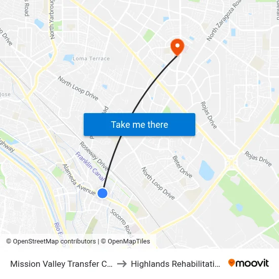 Mission Valley Transfer Center Bay G to Highlands Rehabilitation Hospital map