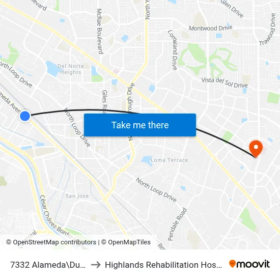 7332 Alameda\Durrill to Highlands Rehabilitation Hospital map