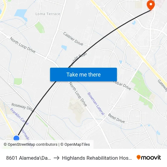 8601 Alameda\Davis to Highlands Rehabilitation Hospital map