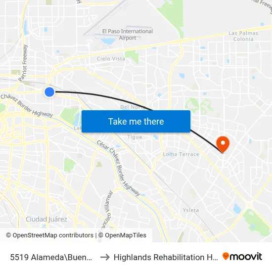 5519 Alameda\Buena Vista to Highlands Rehabilitation Hospital map
