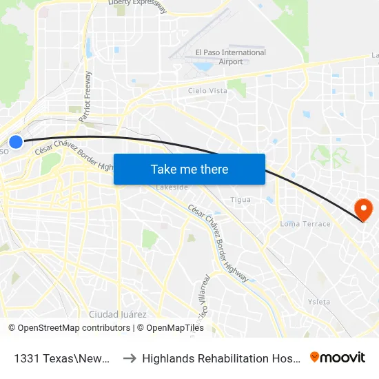 1331 Texas\Newman to Highlands Rehabilitation Hospital map