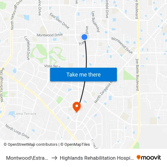 Montwood\Estrada to Highlands Rehabilitation Hospital map