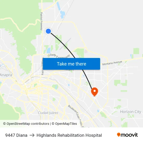 9447 Diana to Highlands Rehabilitation Hospital map