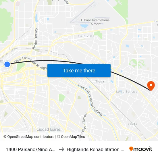 1400 Paisano\Nino Aguilera to Highlands Rehabilitation Hospital map
