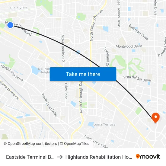 Eastside Terminal Bay F to Highlands Rehabilitation Hospital map