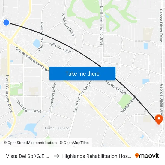 Vista Del Sol\G.E.C.U. to Highlands Rehabilitation Hospital map