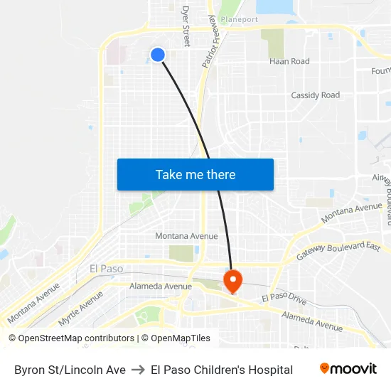 Byron St/Lincoln Ave to El Paso Children's Hospital map