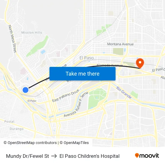 Mundy Dr/Fewel St to El Paso Children's Hospital map
