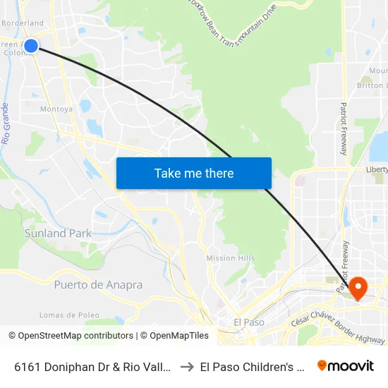 6161 Doniphan Dr & Rio Valley Estates to El Paso Children's Hospital map