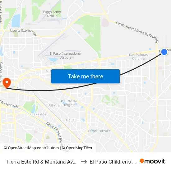 Tierra Este Rd & Montana Ave (Walmart) to El Paso Children's Hospital map