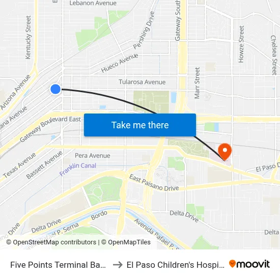 Five Points Terminal Bay G to El Paso Children's Hospital map