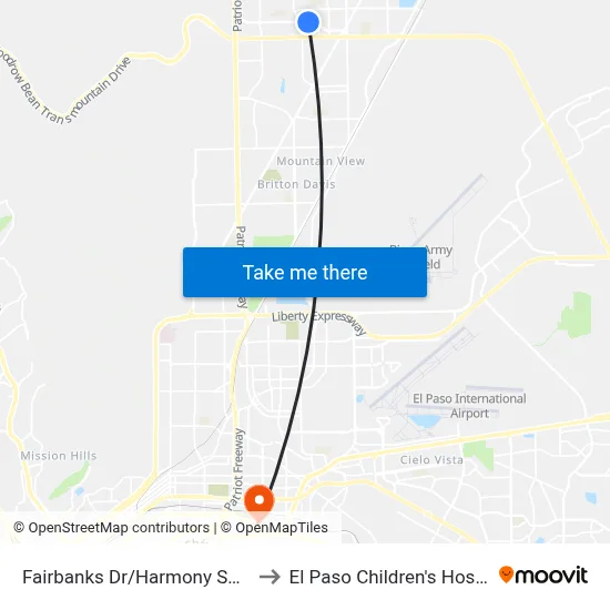 Fairbanks Dr/Harmony School to El Paso Children's Hospital map