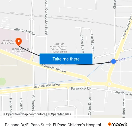 Paisano Dr/El Paso St to El Paso Children's Hospital map