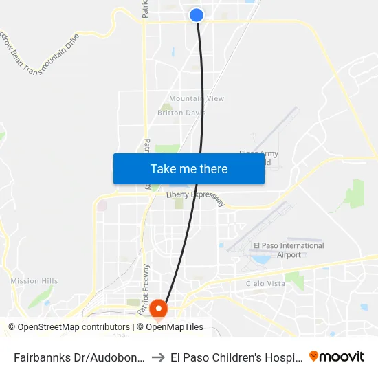 Fairbannks Dr/Audobon St to El Paso Children's Hospital map