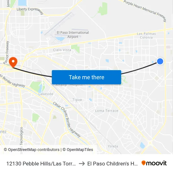 12130 Pebble Hills/Las Torres Apts. to El Paso Children's Hospital map