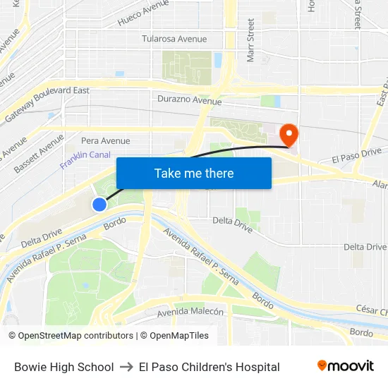 Bowie High School to El Paso Children's Hospital map