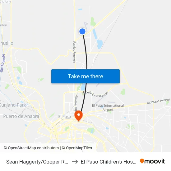 Sean Haggerty/Cooper Ranch to El Paso Children's Hospital map