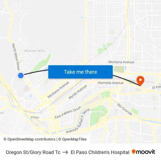 Oregon St/Glory Road Tc to El Paso Children's Hospital map