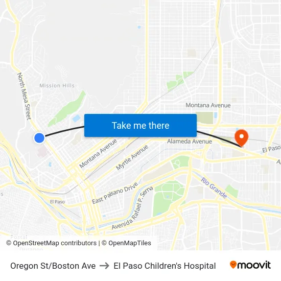Oregon St/Boston Ave to El Paso Children's Hospital map