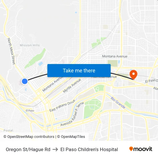 Oregon St/Hague Rd to El Paso Children's Hospital map
