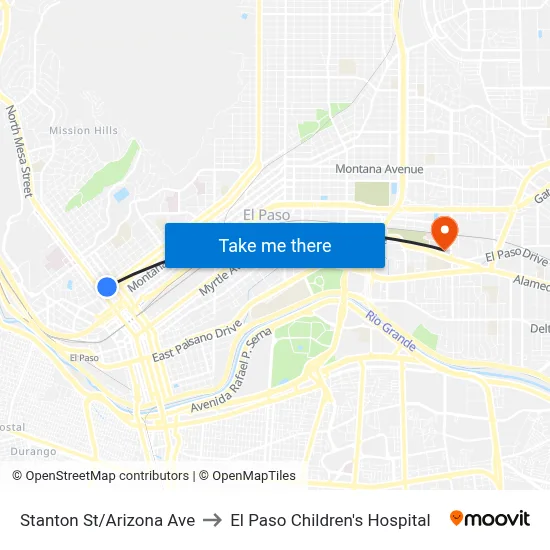 Stanton St/Arizona Ave to El Paso Children's Hospital map