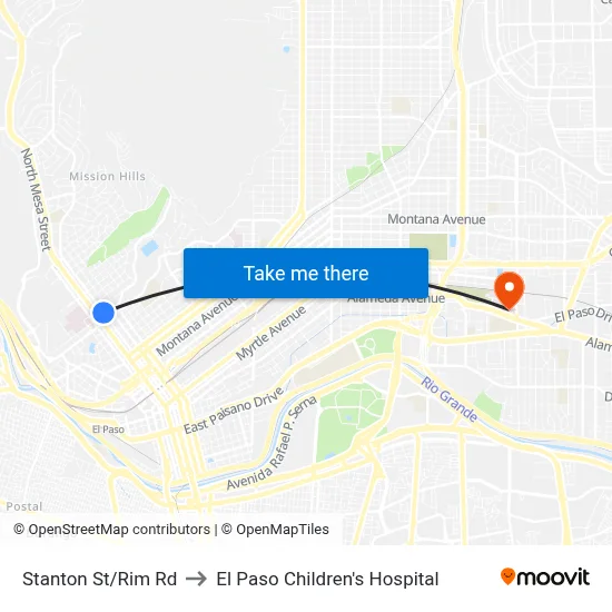 Stanton St/Rim Rd to El Paso Children's Hospital map