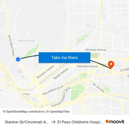 Stanton St/Cincinnati Ave to El Paso Children's Hospital map