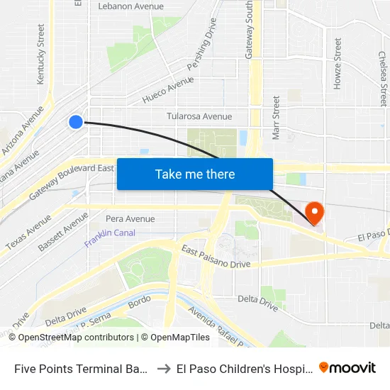 Five Points Terminal Bay H to El Paso Children's Hospital map