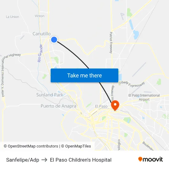 Sanfelipe/Adp to El Paso Children's Hospital map