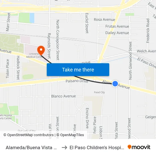 Alameda/Buena Vista Rts to El Paso Children's Hospital map
