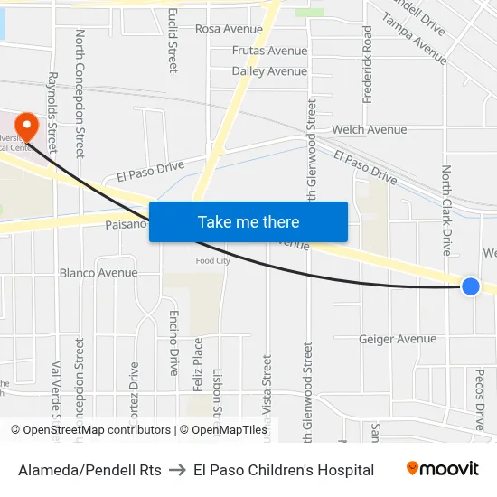 Alameda/Pendell Rts to El Paso Children's Hospital map