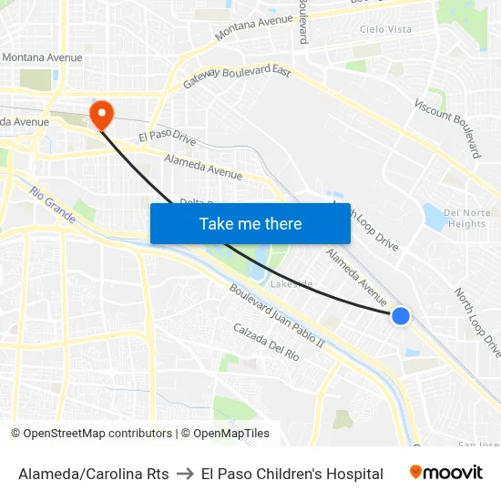 Alameda/Carolina Rts to El Paso Children's Hospital map