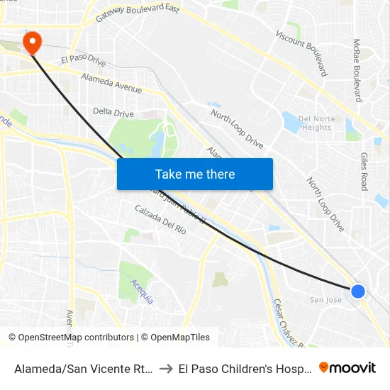 Alameda/San Vicente Rts 2 to El Paso Children's Hospital map