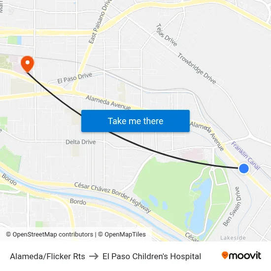 Alameda/Flicker Rts to El Paso Children's Hospital map