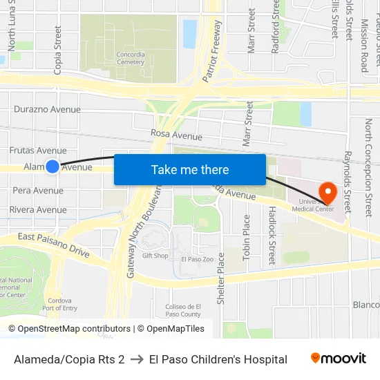 Alameda/Copia Rts 2 to El Paso Children's Hospital map