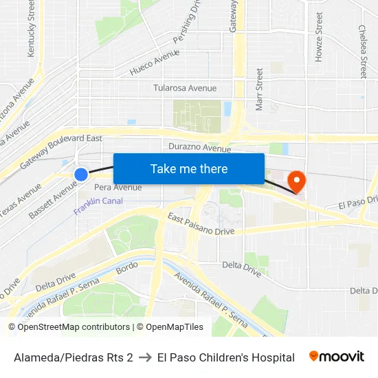 Alameda/Piedras Rts 2 to El Paso Children's Hospital map