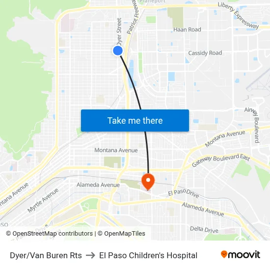 Dyer/Van Buren Rts to El Paso Children's Hospital map
