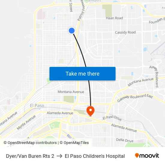 Dyer/Van Buren Rts 2 to El Paso Children's Hospital map